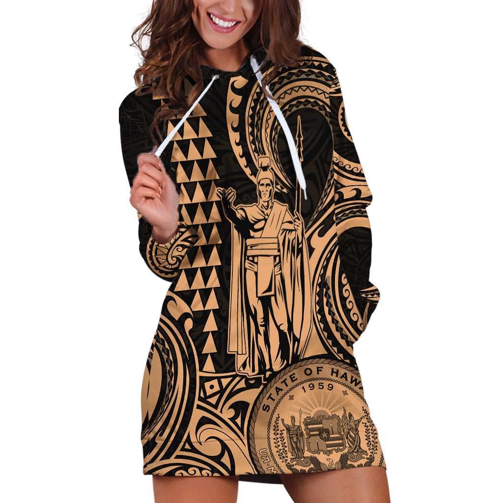 King Kamehameha Day Hawaii Hoodie Dress Paradise of the Pacific Tribal Kakau with Kanaka Maoli - Nude LT9 Nude - Polynesian Pride