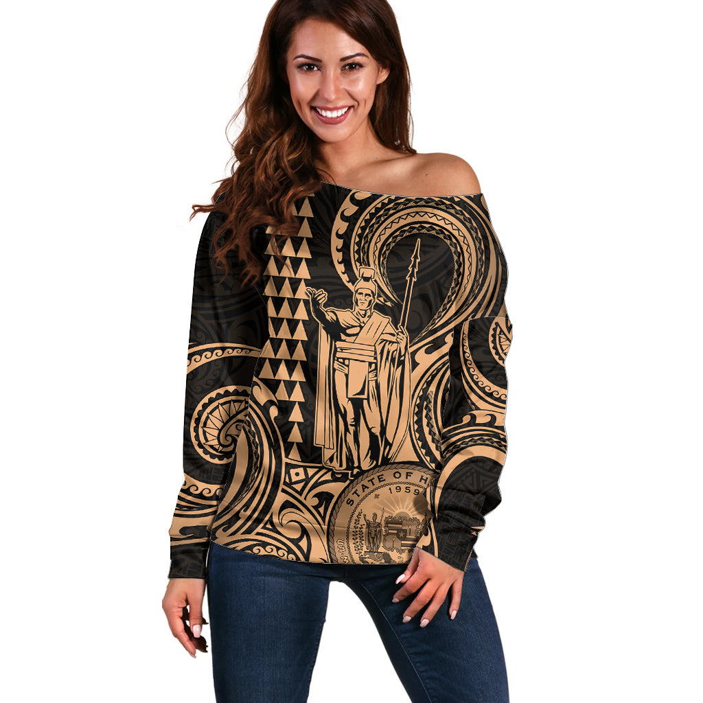 King Kamehameha Day Hawaii Off Shoulder Sweater Paradise of the Pacific Tribal Kakau with Kanaka Maoli - Nude LT9 Women Nude - Polynesian Pride