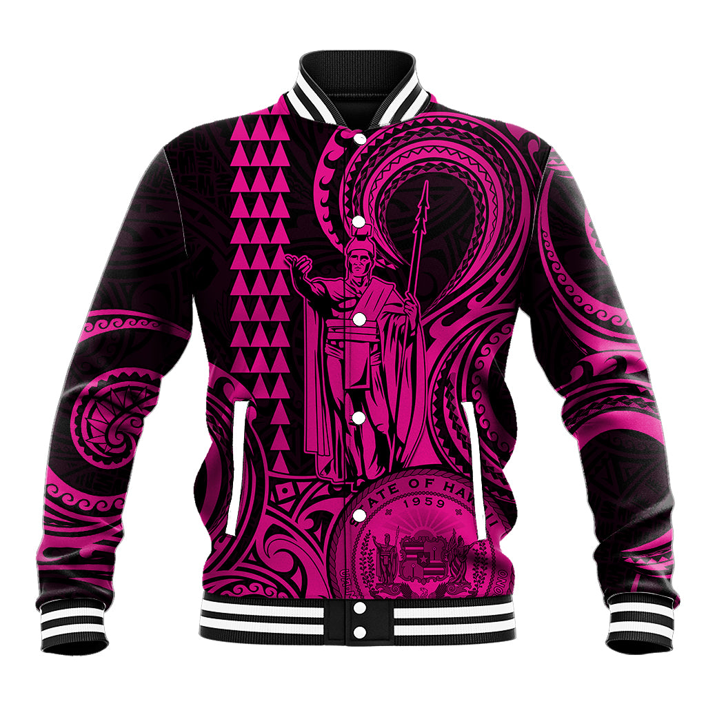 King Kamehameha Day Hawaii Baseball Jacket Paradise of the Pacific Tribal Kakau with Kanaka Maoli - Pink LT9 Unisex Pink - Polynesian Pride