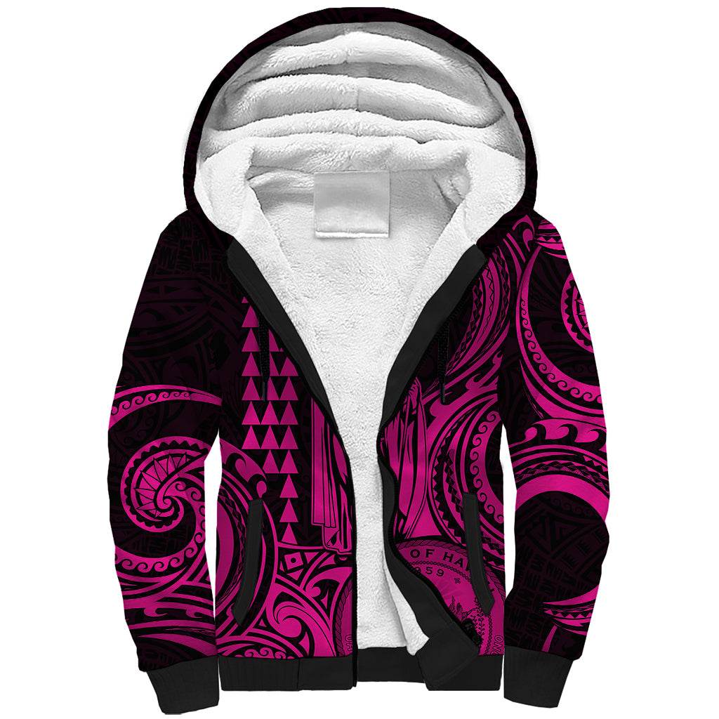 King Kamehameha Day Hawaii Sherpa Hoodie Paradise of the Pacific Tribal Kakau with Kanaka Maoli - Pink LT9 Unisex Pink - Polynesian Pride