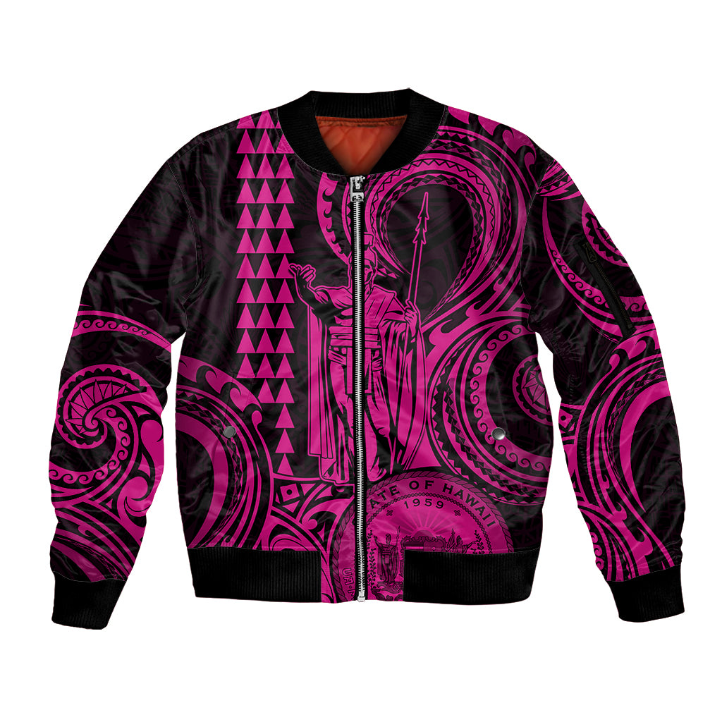 King Kamehameha Day Hawaii Sleeve Zip Bomber Jacket Paradise of the Pacific Tribal Kakau with Kanaka Maoli - Pink LT9 Unisex Pink - Polynesian Pride