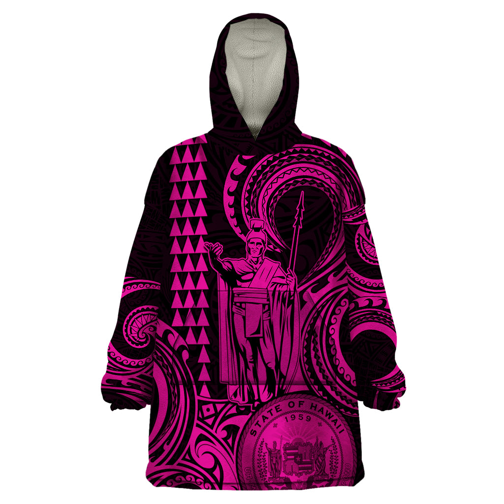 King Kamehameha Day Hawaii Wearable Blanket Hoodie Paradise of the Pacific Tribal Kakau with Kanaka Maoli - Pink LT9 One Size Pink - Polynesian Pride