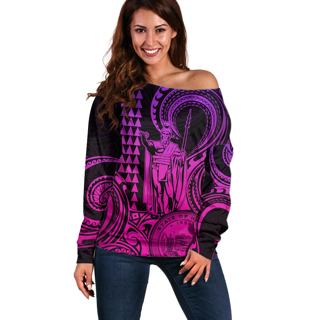 King Kamehameha Day Hawaii Off Shoulder Sweater Paradise of the Pacific Tribal Kakau with Kanaka Maoli - Pink Gradient LT9 Women Pink Gradient - Polynesian Pride