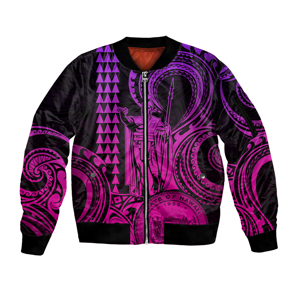 King Kamehameha Day Hawaii Sleeve Zip Bomber Jacket Paradise of the Pacific Tribal Kakau with Kanaka Maoli - Pink Gradient LT9 Unisex Pink Gradient - Polynesian Pride