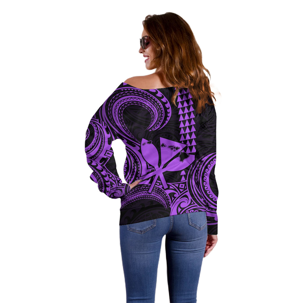 King Kamehameha Day Hawaii Off Shoulder Sweater Paradise of the Pacific Tribal Kakau with Kanaka Maoli - Purple LT9 - Polynesian Pride