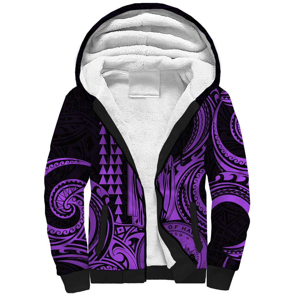 King Kamehameha Day Hawaii Sherpa Hoodie Paradise of the Pacific Tribal Kakau with Kanaka Maoli - Purple LT9 Unisex Purple - Polynesian Pride