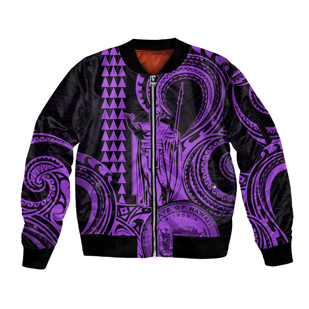 King Kamehameha Day Hawaii Sleeve Zip Bomber Jacket Paradise of the Pacific Tribal Kakau with Kanaka Maoli - Purple LT9 Unisex Purple - Polynesian Pride