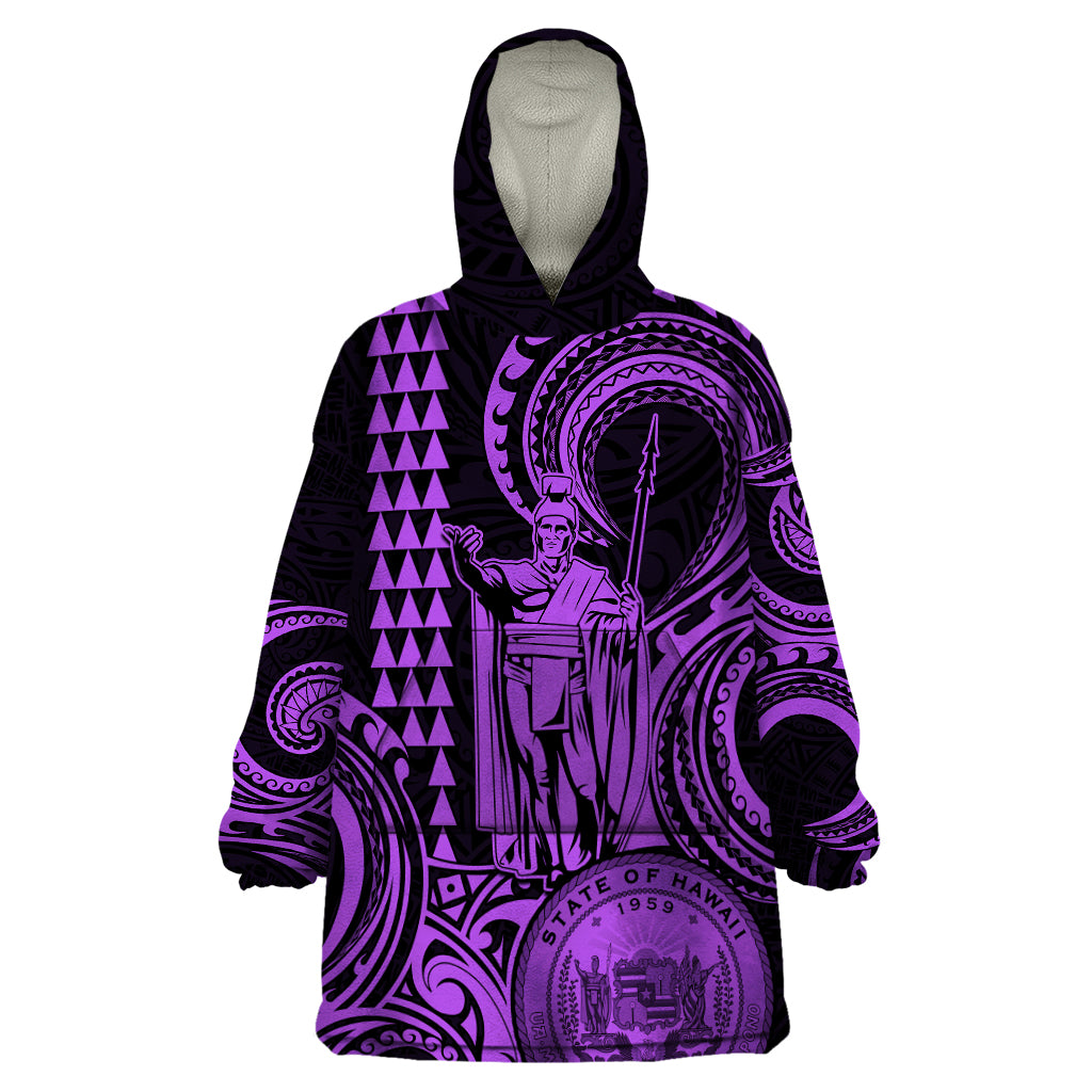 King Kamehameha Day Hawaii Wearable Blanket Hoodie Paradise of the Pacific Tribal Kakau with Kanaka Maoli - Purple LT9 One Size Purple - Polynesian Pride