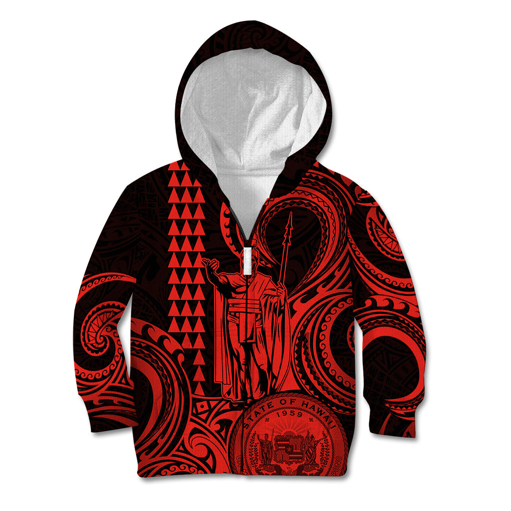 King Kamehameha Day Hawaii Kid Hoodie Paradise of the Pacific Tribal Kakau with Kanaka Maoli - Red LT9 - Polynesian Pride