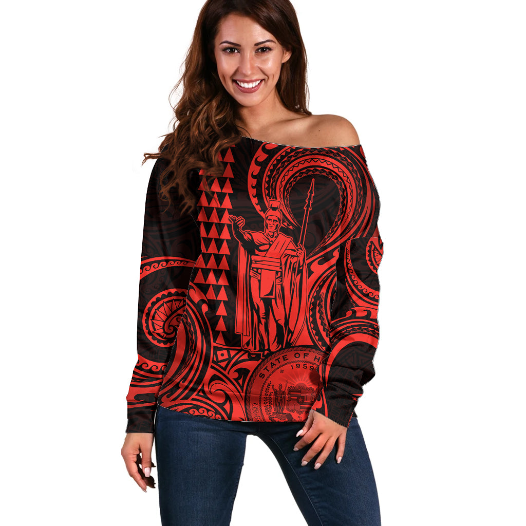 King Kamehameha Day Hawaii Off Shoulder Sweater Paradise of the Pacific Tribal Kakau with Kanaka Maoli - Red LT9 Women Red - Polynesian Pride