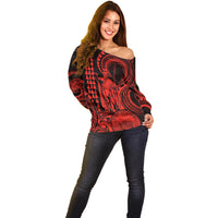 King Kamehameha Day Hawaii Off Shoulder Sweater Paradise of the Pacific Tribal Kakau with Kanaka Maoli - Red LT9 - Polynesian Pride