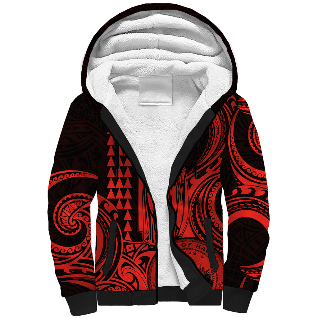 King Kamehameha Day Hawaii Sherpa Hoodie Paradise of the Pacific Tribal Kakau with Kanaka Maoli - Red LT9 Unisex Red - Polynesian Pride