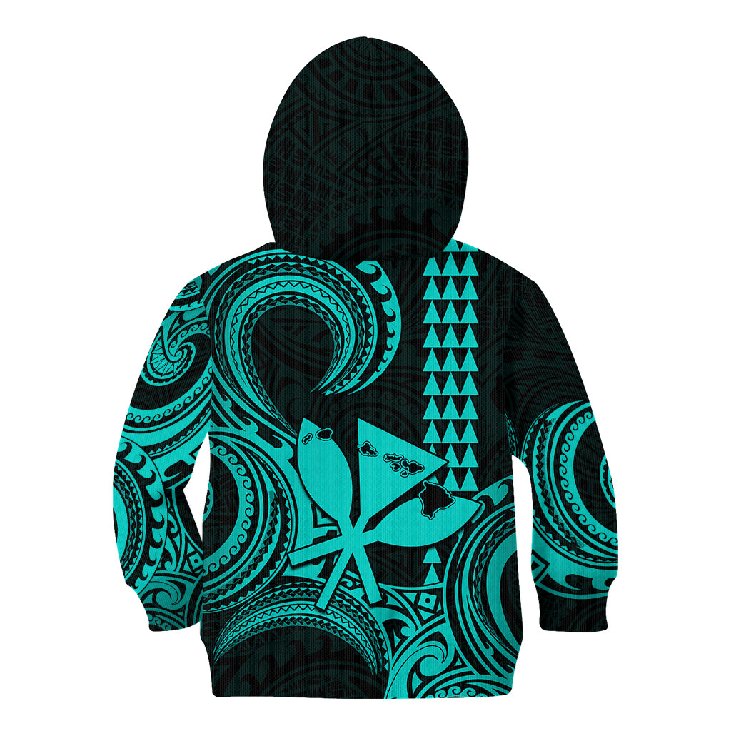 King Kamehameha Day Hawaii Kid Hoodie Paradise of the Pacific Tribal Kakau with Kanaka Maoli - Turquoise LT9 - Polynesian Pride