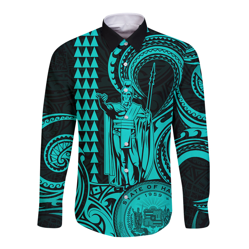 King Kamehameha Day Hawaii Long Sleeve Button Shirt Paradise of the Pacific Tribal Kakau with Kanaka Maoli - Turquoise LT9 Unisex Turquoise - Polynesian Pride