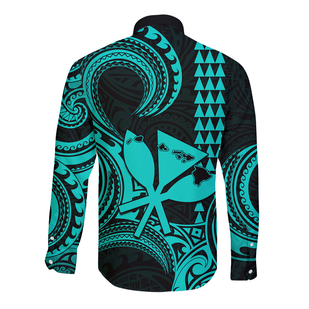 King Kamehameha Day Hawaii Long Sleeve Button Shirt Paradise of the Pacific Tribal Kakau with Kanaka Maoli - Turquoise LT9 - Polynesian Pride