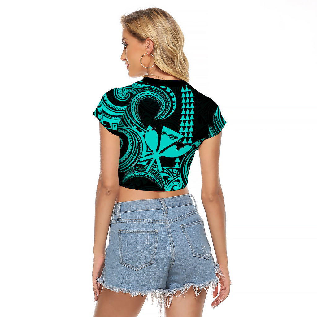 King Kamehameha Day Hawaii Raglan Cropped T Shirt Paradise of the Pacific Tribal Kakau with Kanaka Maoli - Turquoise LT9 - Polynesian Pride
