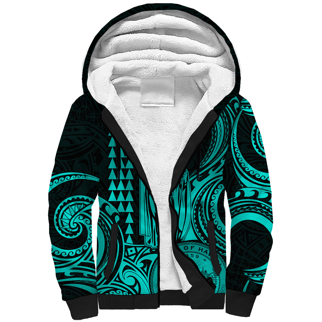 King Kamehameha Day Hawaii Sherpa Hoodie Paradise of the Pacific Tribal Kakau with Kanaka Maoli - Turquoise LT9 Unisex Turquoise - Polynesian Pride