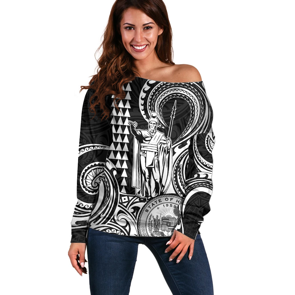 Custom King Kamehameha Day Hawaii Off Shoulder Sweater Paradise of the Pacific Tribal Kakau with Kanaka Maoli - White LT9 Women White - Polynesian Pride