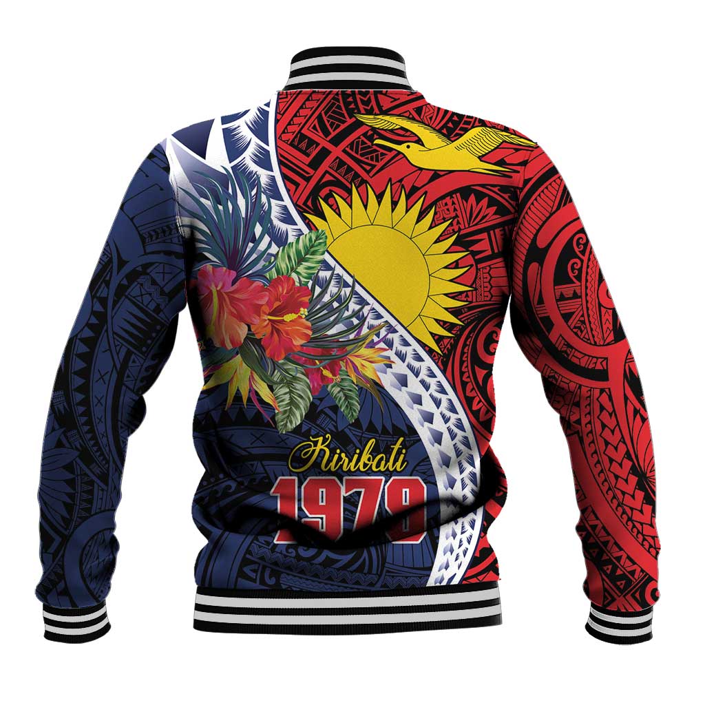 Flag of Kiribati Polynesian Pattern Baseball Jacket Est 1979 With Tropical Flowers
