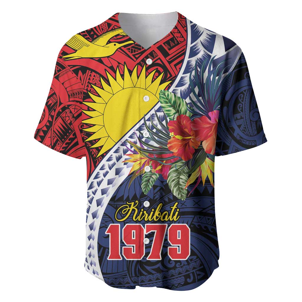 Flag of Kiribati Polynesian Pattern Baseball Jersey Est 1979 With Tropical Flowers