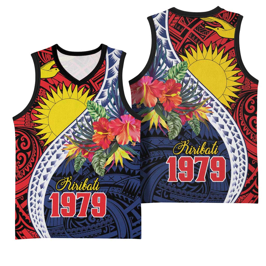 Flag of Kiribati Polynesian Pattern Basketball Jersey Est 1979 With Tropical Flowers - Polynesian Pride