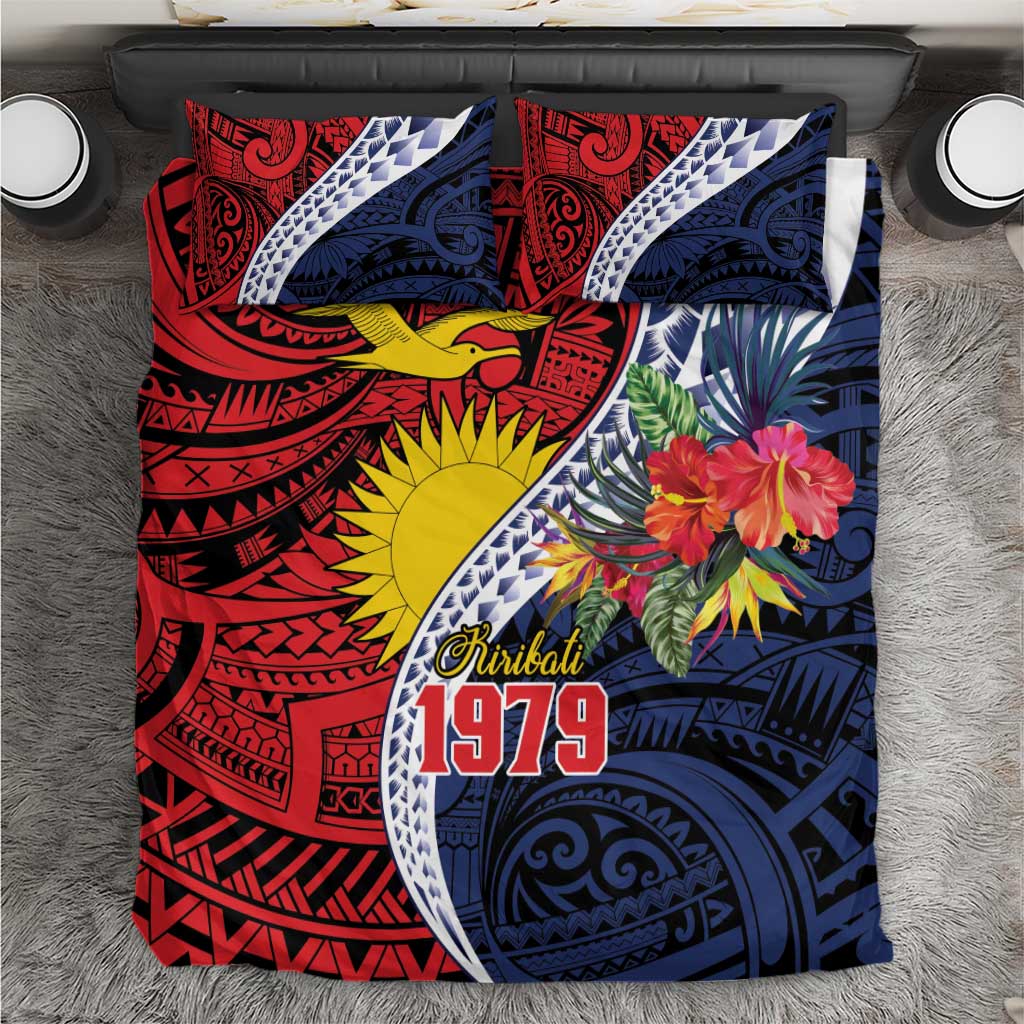 Flag of Kiribati Polynesian Pattern Bedding Set Est 1979 With Tropical Flowers