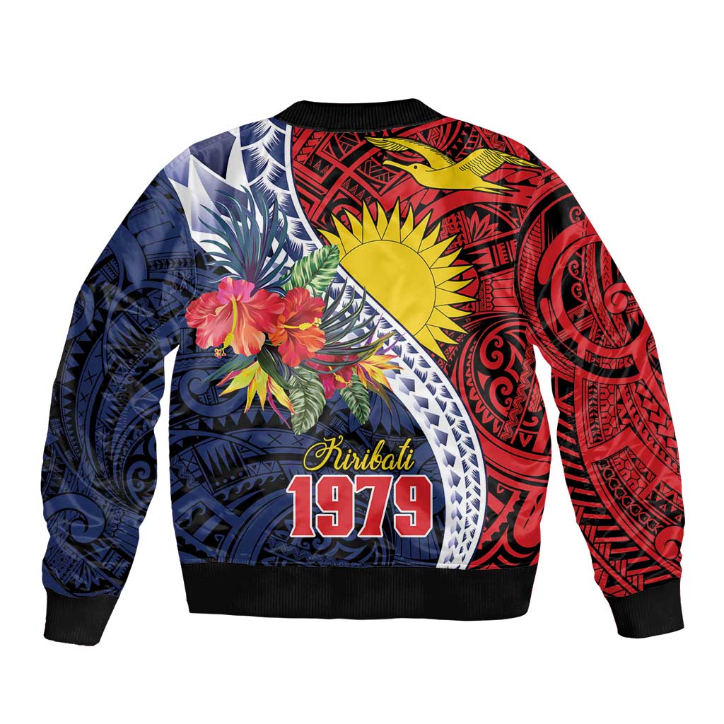 Flag of Kiribati Polynesian Pattern Bomber Jacket Est 1979 With Tropical Flowers