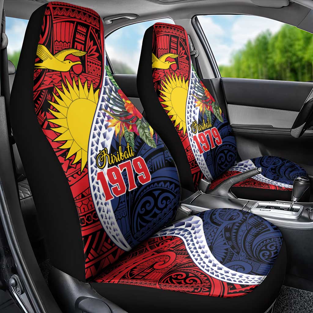 Flag of Kiribati Polynesian Pattern Car Seat Cover Est 1979 With Tropical Flowers