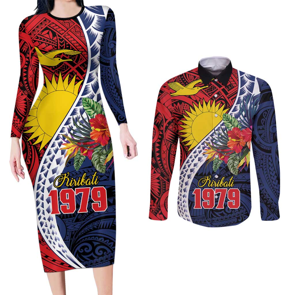 Flag of Kiribati Polynesian Pattern Couples Matching Long Sleeve Bodycon Dress and Long Sleeve Button Shirt Est 1979 With Tropical Flowers