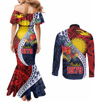 Flag of Kiribati Polynesian Pattern Couples Matching Mermaid Dress and Long Sleeve Button Shirt Est 1979 With Tropical Flowers