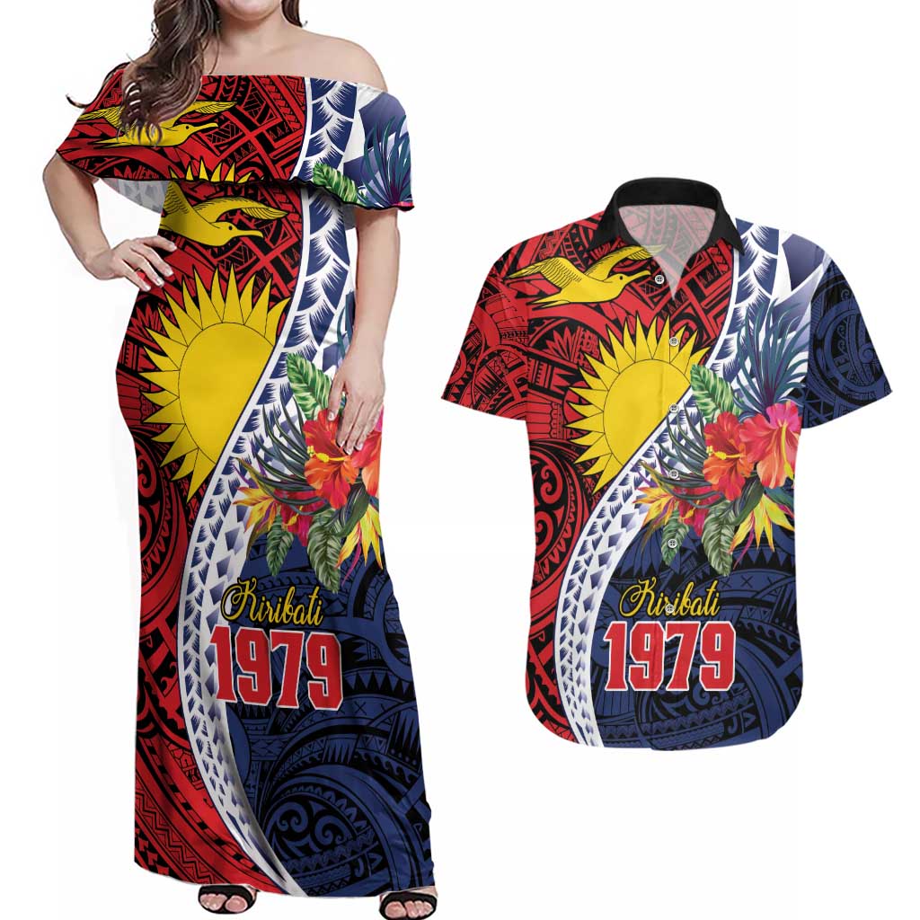 Flag of Kiribati Polynesian Pattern Couples Matching Off Shoulder Maxi Dress and Hawaiian Shirt Est 1979 With Tropical Flowers