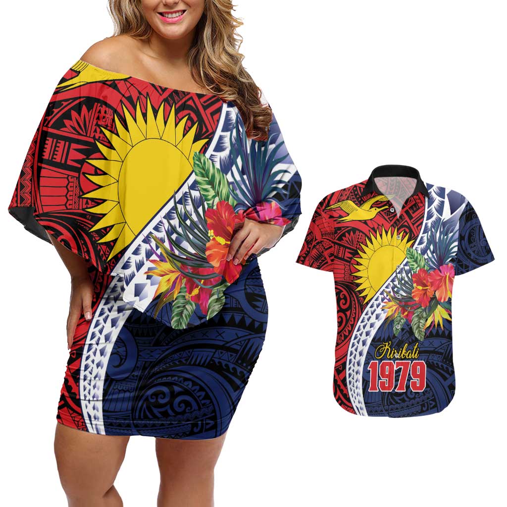 Flag of Kiribati Polynesian Pattern Couples Matching Off Shoulder Short Dress and Hawaiian Shirt Est 1979 With Tropical Flowers