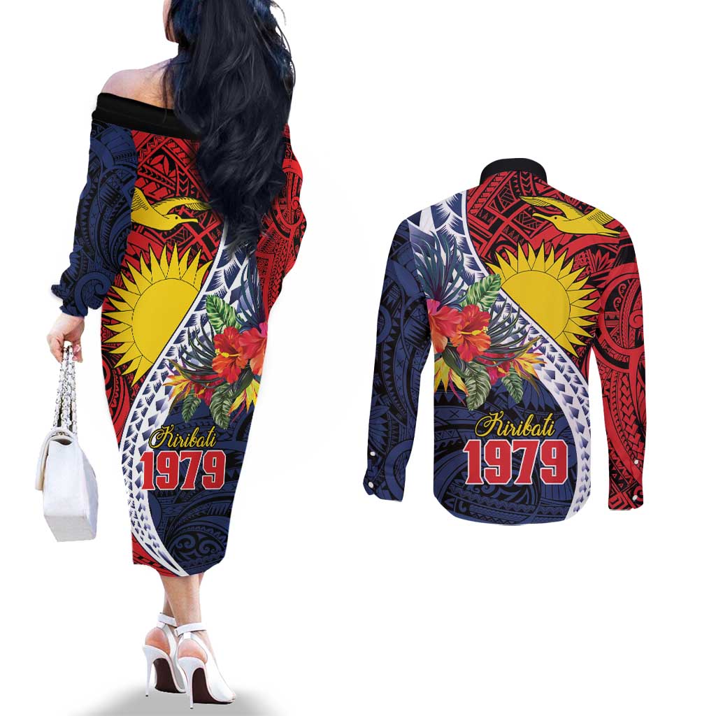Flag of Kiribati Polynesian Pattern Couples Matching Off The Shoulder Long Sleeve Dress and Long Sleeve Button Shirt Est 1979 With Tropical Flowers