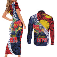 Flag of Kiribati Polynesian Pattern Couples Matching Short Sleeve Bodycon Dress and Long Sleeve Button Shirt Est 1979 With Tropical Flowers