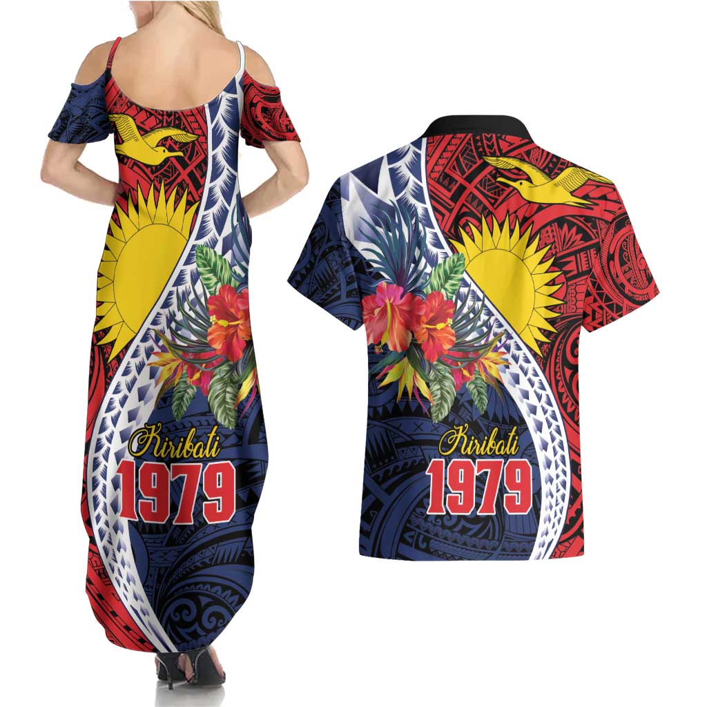 Flag of Kiribati Polynesian Pattern Couples Matching Summer Maxi Dress and Hawaiian Shirt Est 1979 With Tropical Flowers