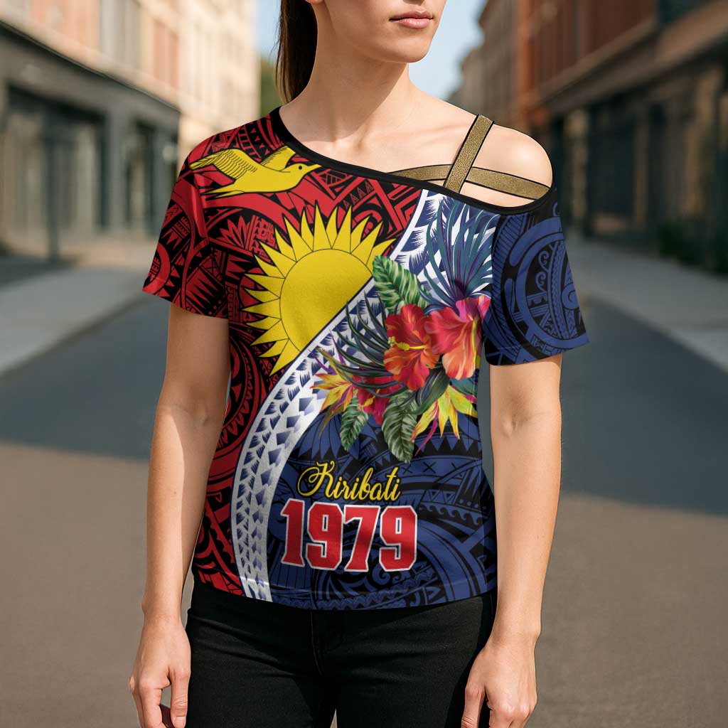 Flag of Kiribati Polynesian Pattern Cross Shoulder Shirt Est 1979 With Tropical Flowers - Polynesian Pride