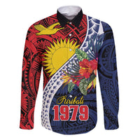 Flag of Kiribati Polynesian Pattern Family Matching Long Sleeve Bodycon Dress and Hawaiian Shirt Est 1979 With Tropical Flowers