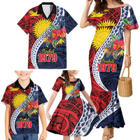 Flag of Kiribati Polynesian Pattern Family Matching Mermaid Dress and Hawaiian Shirt Est 1979 With Tropical Flowers