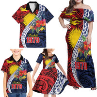 Flag of Kiribati Polynesian Pattern Family Matching Off Shoulder Maxi Dress and Hawaiian Shirt Est 1979 With Tropical Flowers