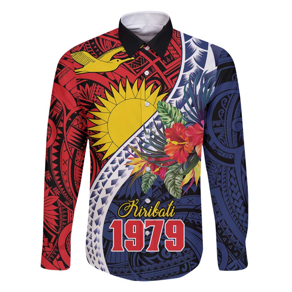 Flag of Kiribati Polynesian Pattern Family Matching Off Shoulder Maxi Dress and Hawaiian Shirt Est 1979 With Tropical Flowers