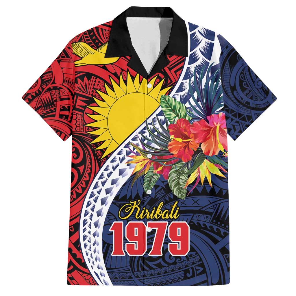 Flag of Kiribati Polynesian Pattern Family Matching Off Shoulder Short Dress and Hawaiian Shirt Est 1979 With Tropical Flowers