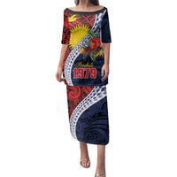 Flag of Kiribati Polynesian Pattern Family Matching Puletasi and Hawaiian Shirt Est 1979 With Tropical Flowers