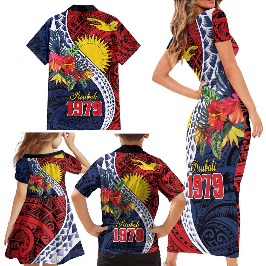 Flag of Kiribati Polynesian Pattern Family Matching Short Sleeve Bodycon Dress and Hawaiian Shirt Est 1979 With Tropical Flowers