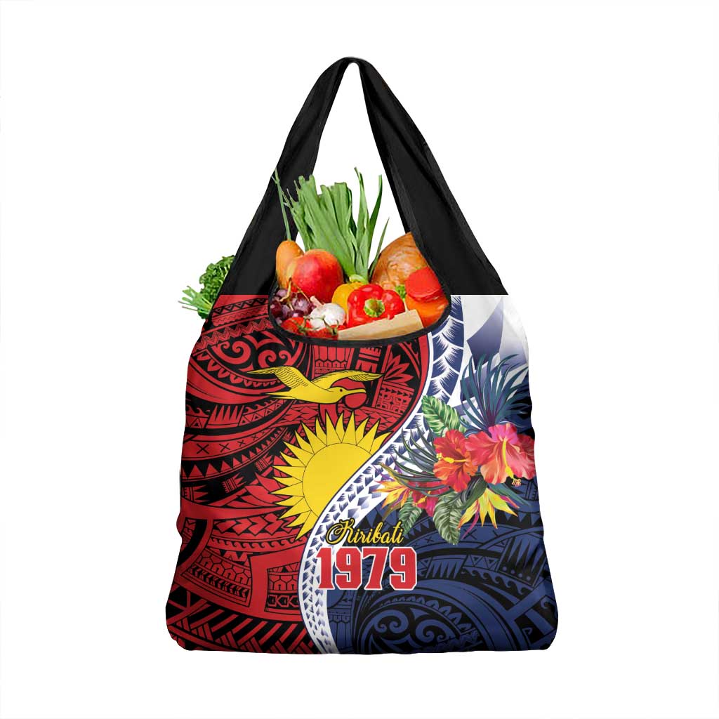 Flag of Kiribati Polynesian Pattern Grocery Bag Est 1979 With Tropical Flowers