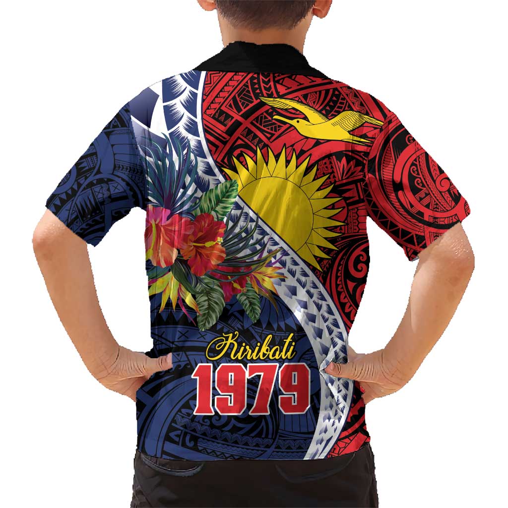 Flag of Kiribati Polynesian Pattern Kid Hawaiian Shirt Est 1979 With Tropical Flowers