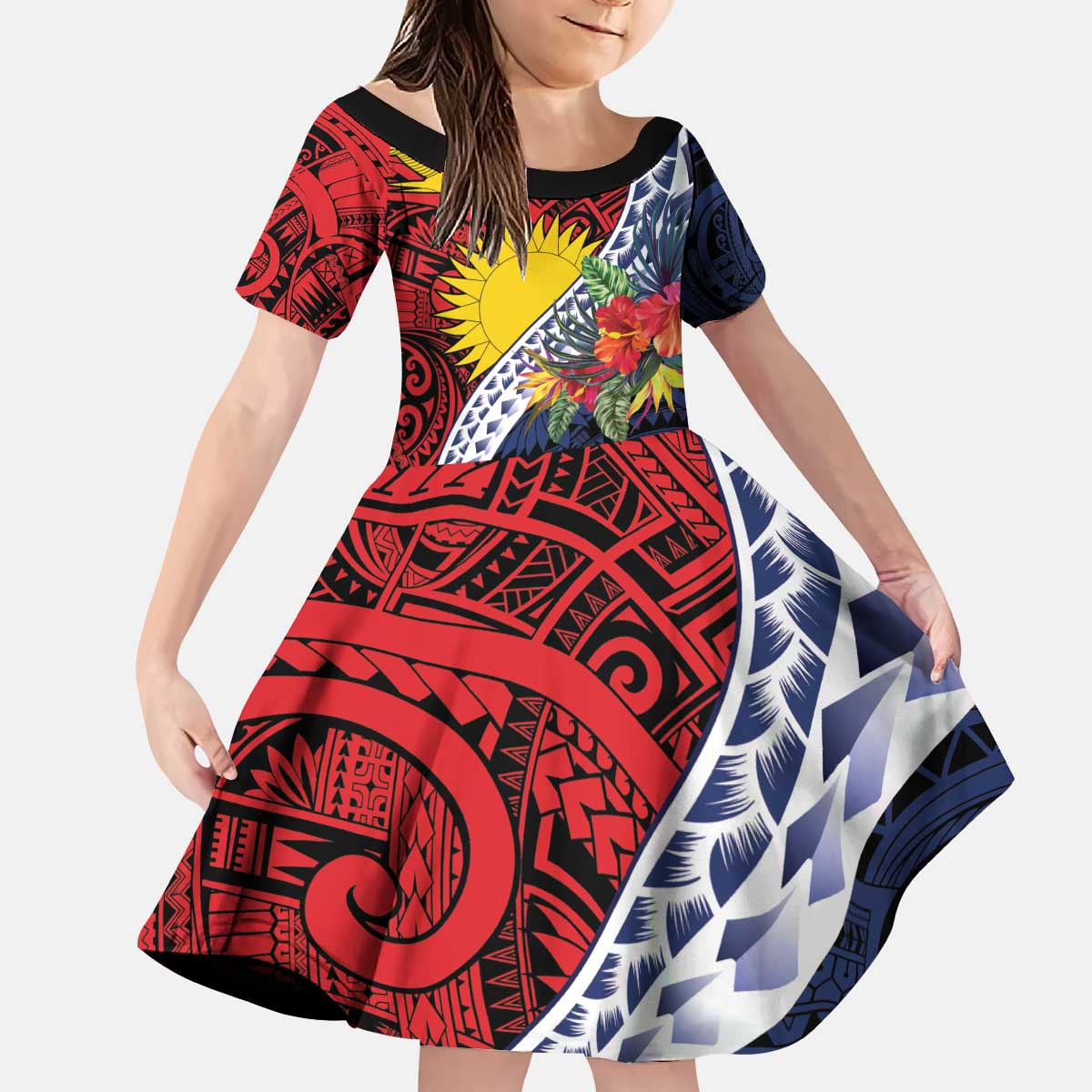 Flag of Kiribati Polynesian Pattern Kid Short Sleeve Dress Est 1979 With Tropical Flowers