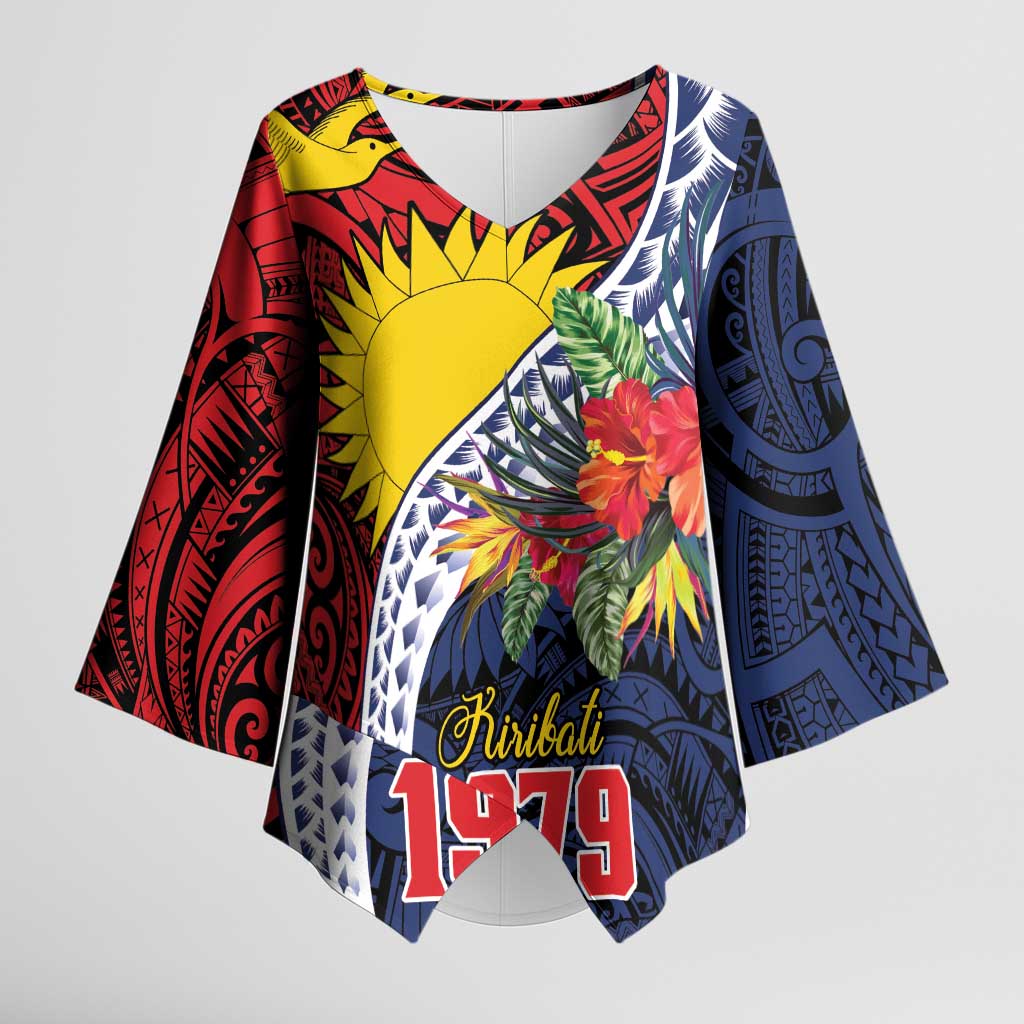 Flag of Kiribati Polynesian Pattern Kimono Sleeve Blouse Est 1979 With Tropical Flowers - Polynesian Pride