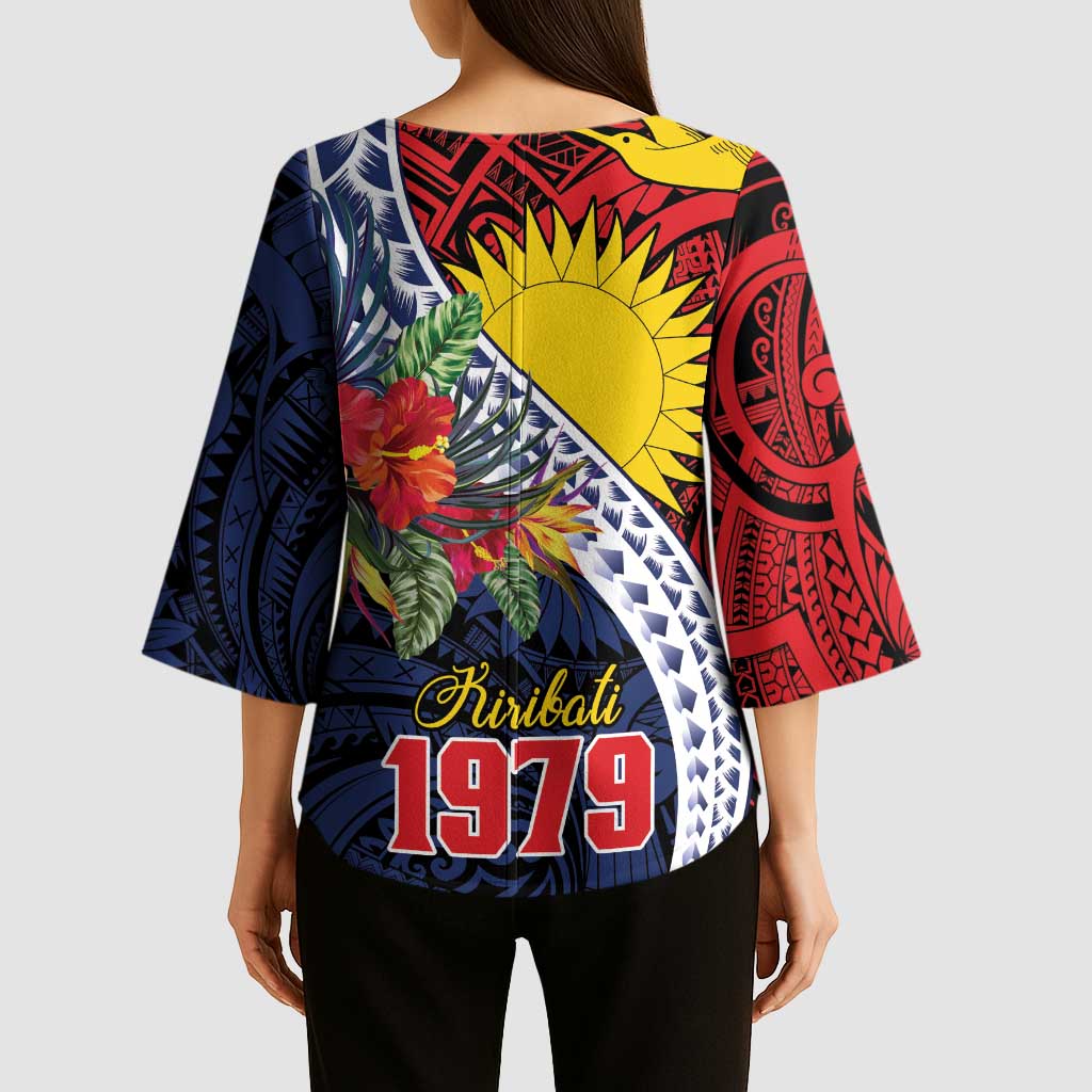 Flag of Kiribati Polynesian Pattern Kimono Sleeve Blouse Est 1979 With Tropical Flowers - Polynesian Pride