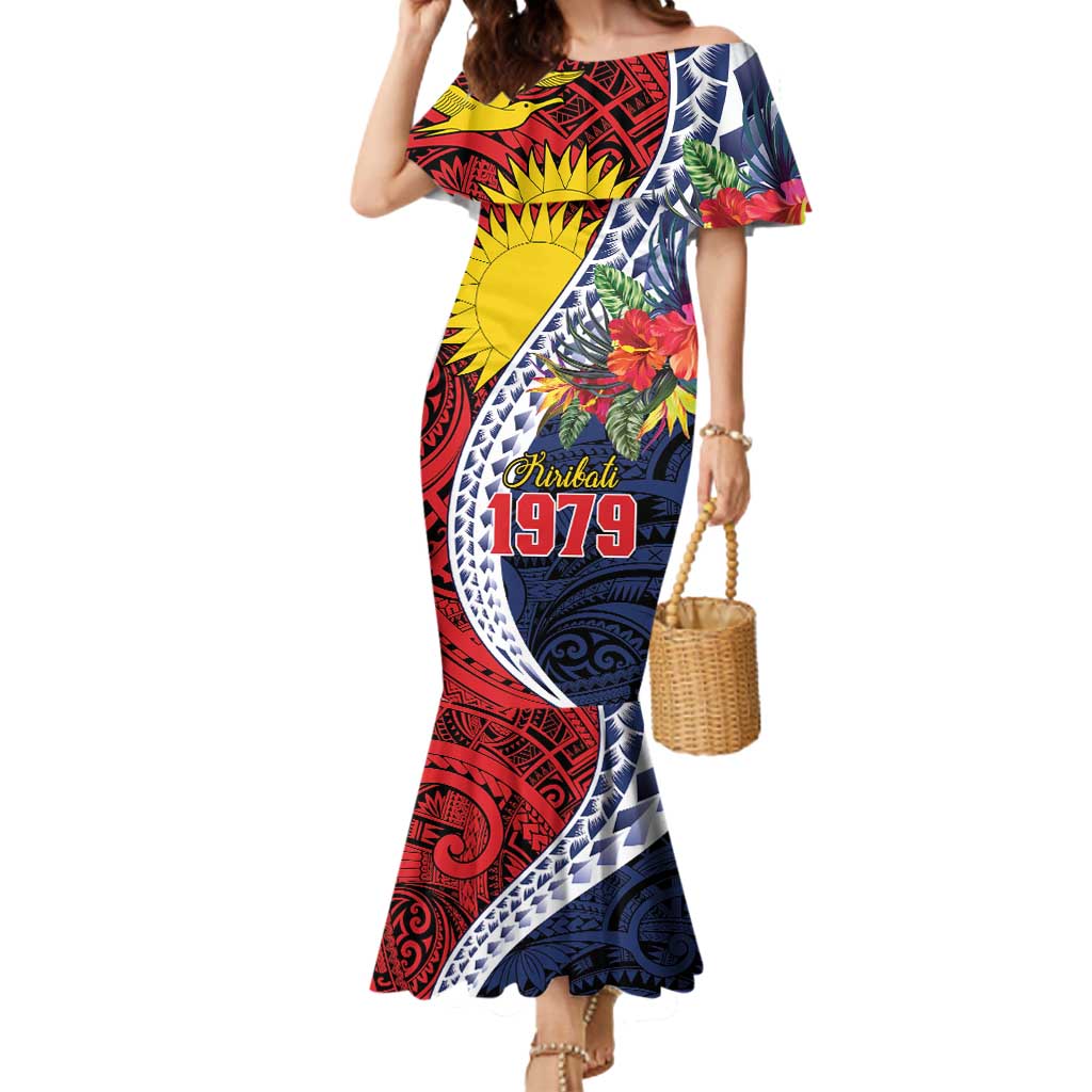 Flag of Kiribati Polynesian Pattern Mermaid Dress Est 1979 With Tropical Flowers