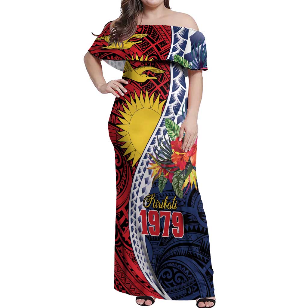 Flag of Kiribati Polynesian Pattern Off Shoulder Maxi Dress Est 1979 With Tropical Flowers